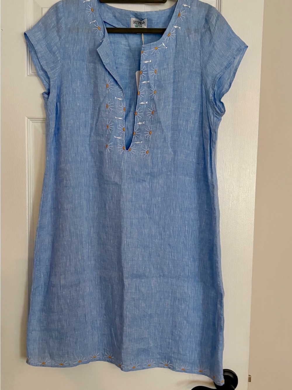 NWT HIHO Tortola Beach Blue Chambray Embroidered Linen “Rachel” Sun Dress Size L